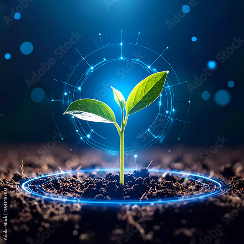 A small sprout emerging from soil with digital overlay.