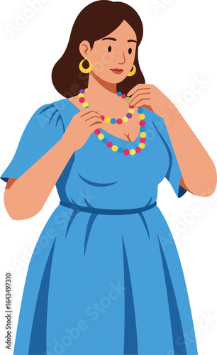 Woman wearing blue dress accessorizing with colorful necklace and gold earrings vector illustration in portrait style