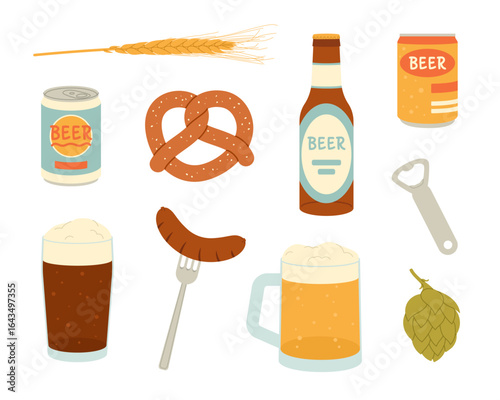 Set of beer elements. Flat vector isolated illustration