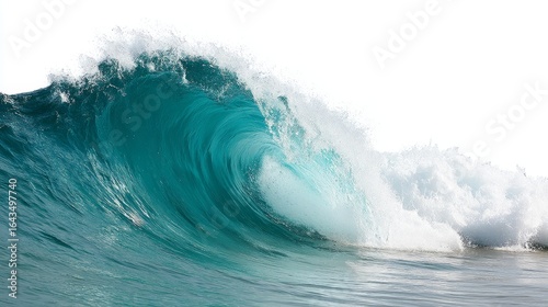 Fototapeta Naklejka Na Ścianę i Meble -  Closeup of a translucent aquamarine wave crest curling against a white background with dynamic water texture and copy space