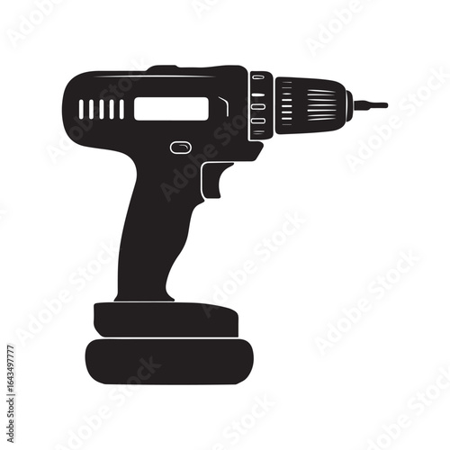 Silhouette of a Cordless Drill with Battery on a White Background