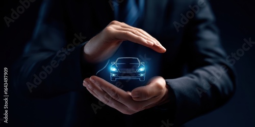 The holographic car protected by hands in a modern business environment.