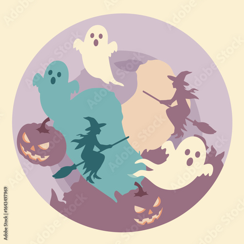 Halloween witches and ghosts silhouettes on pastel background with pumpkins. Silhouettes of witches on broomsticks and ghosts flying in a circular design with pumpkins.