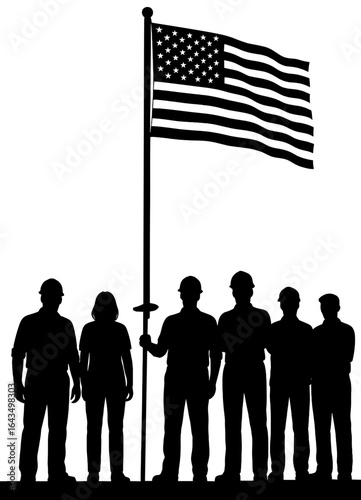 American Flag with Military Personnel Silhouette