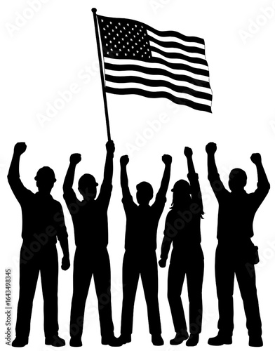Silhouette of People Holding American Flag in Unity