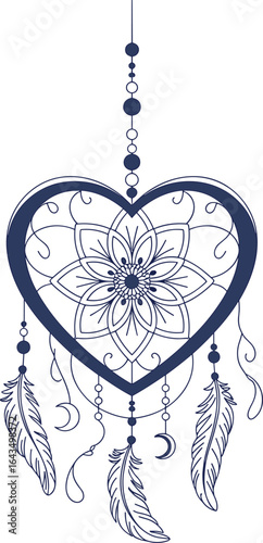 Heart-shaped dreamcatcher with feathers, boho tribal vector illustration, romantic spiritual wall decor design, native-inspired love charm silhouette art