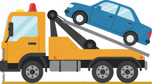 Tow truck carrying blue car vehicle transportation service flat vector design