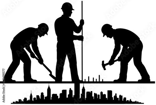 Silhouette of Construction Workers Using Tools with City Skyline