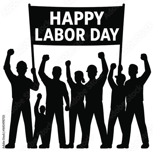 Happy Labor Day Workers Raising Fists with Banner