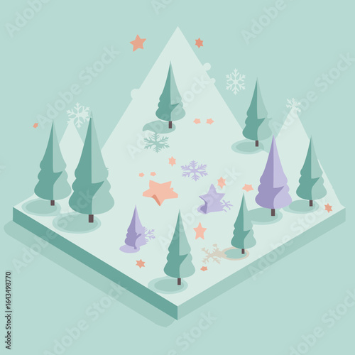 Pastel winter wonderland landscape with stylized trees, stars, and snowflakes in a soft isometric style.