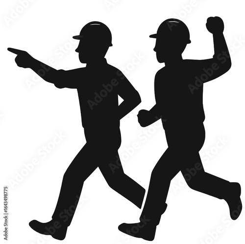 Silhouette of Two Construction Workers Running and Pointing