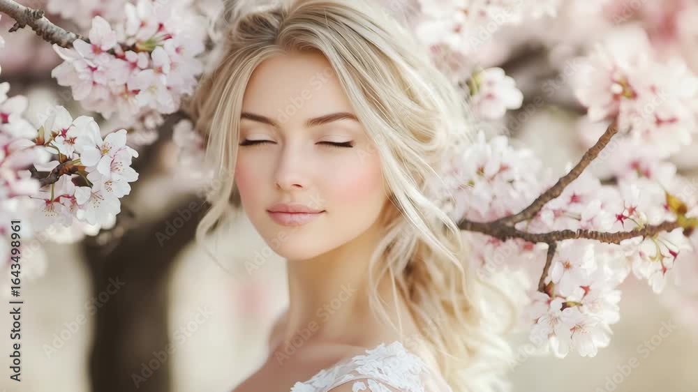 A woman stands gracefully surrounded by pink cherry blossoms in a tranquil garden setting on a bright spring day A woman stands gracefully surrounded by pink cherry blossoms in a tranquil garden setting on a bright spring day