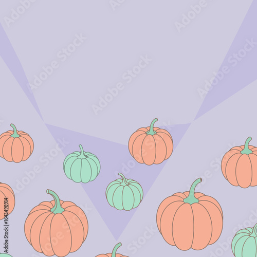 Abstract pattern of pastel pumpkins on a lavender background. Cute, minimalist design with a repeating pattern of pumpkins in muted orange and mint green colors.