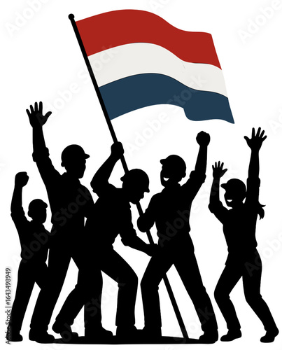 Silhouette of Workers Raising a Red, White, and Blue Flag in Unity