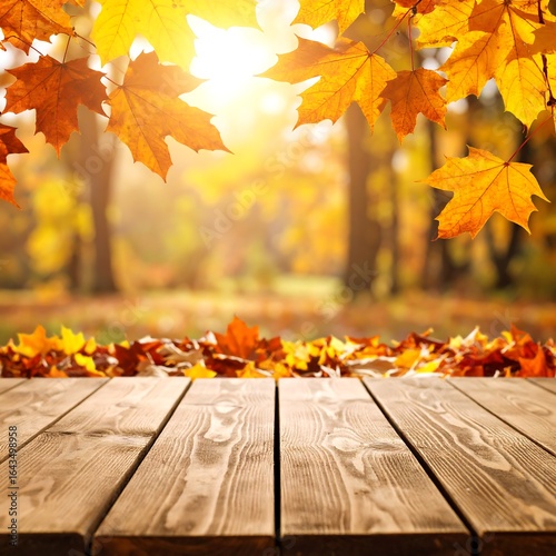 Wooden table in a sunlit autumn park with fallen leaves
