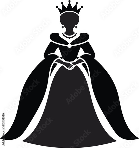 Queen silhouette in royal gown with crown and jewelry, elegant monarch figure vector illustration, regal princess icon, vintage royal dress design