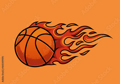 Flaming basketball icon in motion. A fiery sphere with hot flames, symbolizing speed and power in sports. Vector illustration for a team logo or mascot.