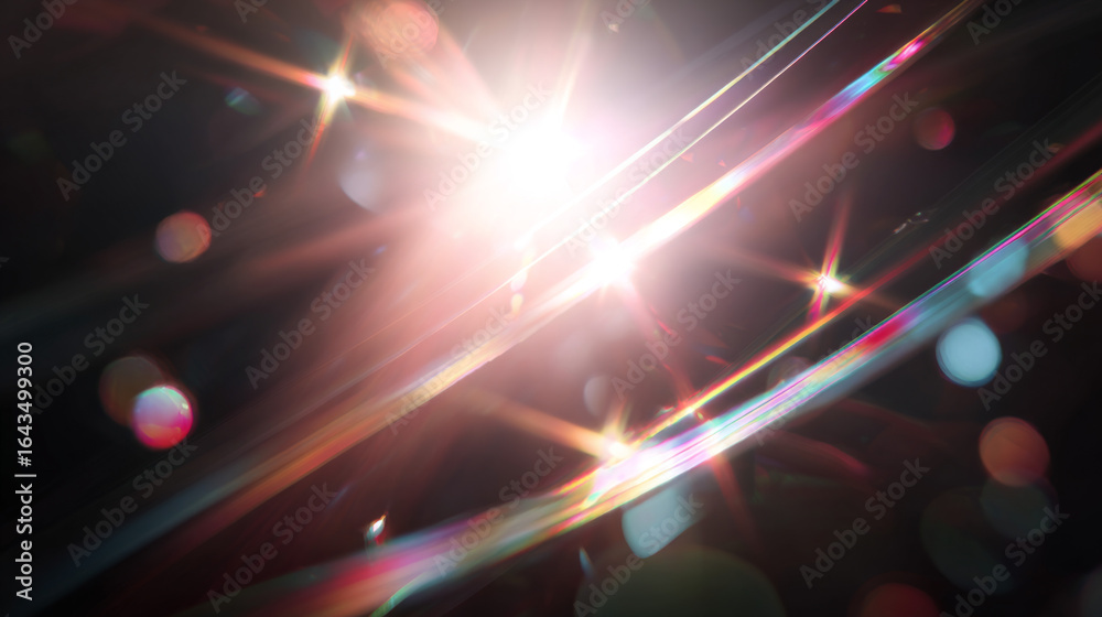 Obraz premium Background of Christmas red retro film overly, image with scratch, dust and light leaks. Xmas lens flare holographic effect background.Glowing glotter bokeh winter holidys aesthetic