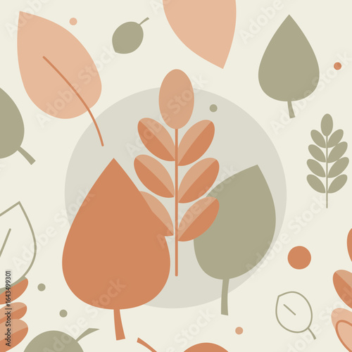 Autumnal leaf design with muted color palette in a graphic illustration. Abstract leaf shapes arranged in a circular pattern against a light beige background.