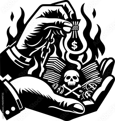 Minimalist black and white vector icon of corruption, clean lines, isolated on white, ideal for stickers, logos, scalable and clear at small sizes.