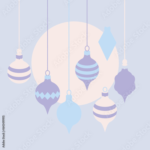 Pastel Christmas ornaments hanging from strings against a light purple background with a pale peach circle.