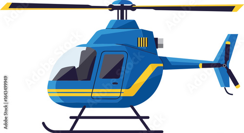 Blue and yellow helicopter vector with visible rotor blades and cockpit windows in side view flying design