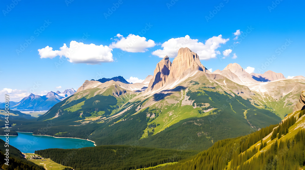Fototapeta premium Mountain landscape of the Swiss Alps with a clear blue sky over a summer valley and a tranquil lake reflecting the high peaks