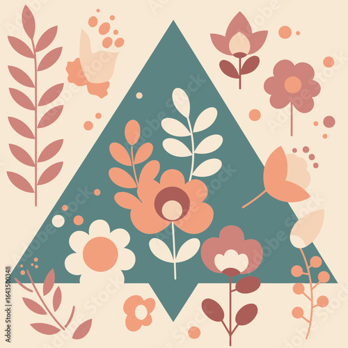 Abstract floral design with muted color palette in a graphic style. Geometric arrangement of flowers and leaves on a light beige background with teal triangle.