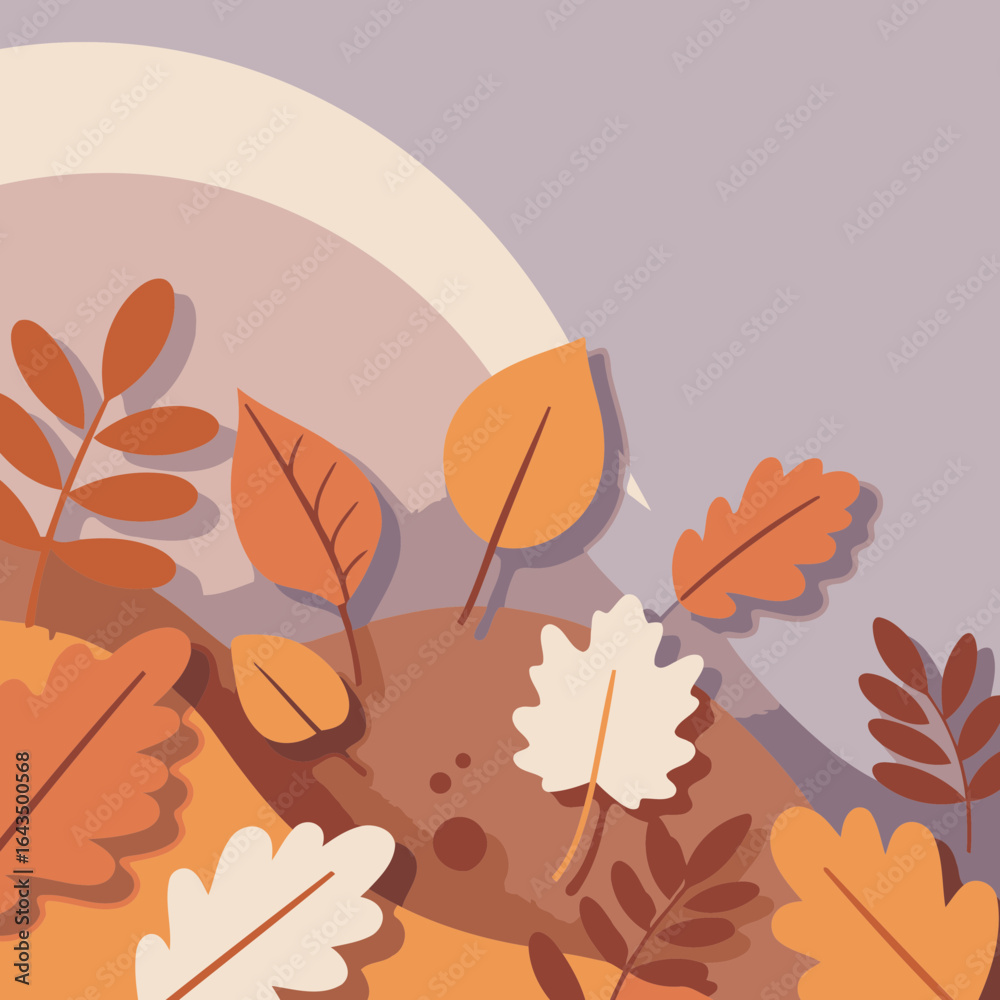 Obraz premium Autumnal leaves in various shades of orange, brown, and beige layered in a stylized landscape design. Abstract fall foliage composition with muted colors and a soft, natural feel.