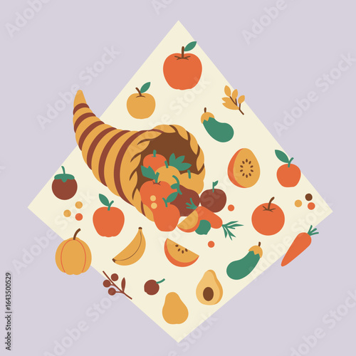 Autumnal cornucopia overflowing with colorful fall fruits and vegetables, displayed on a light beige surface.