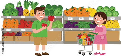 Children shopping fresh vegetables and fruits in grocery store with colorful produce shelves smiling happy