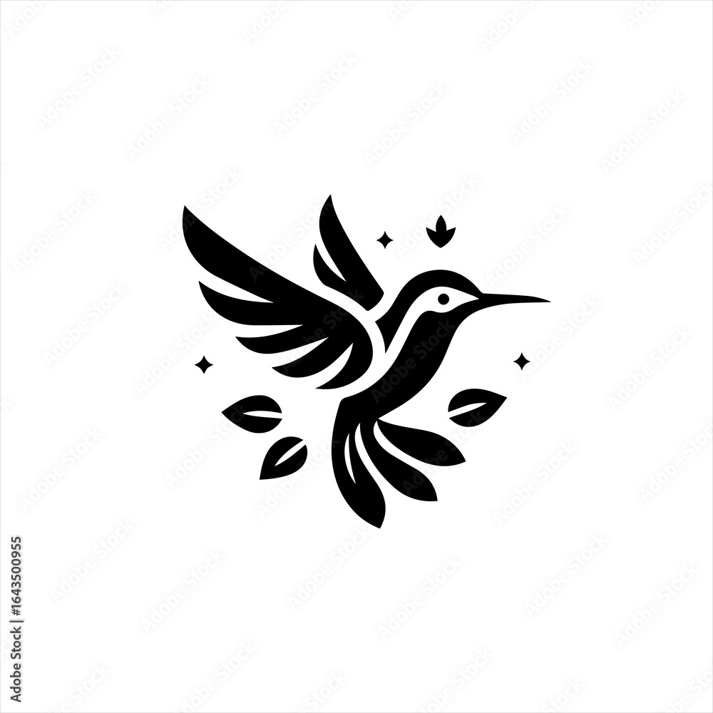 Obraz premium Elegant black hummingbird logo with leaves and stars