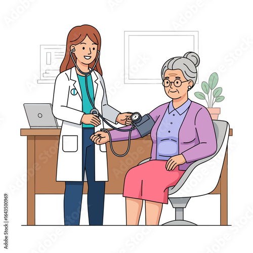 Friendly Doctor Measures Blood Pressure of an Elderly Woman in a Clinic Vector