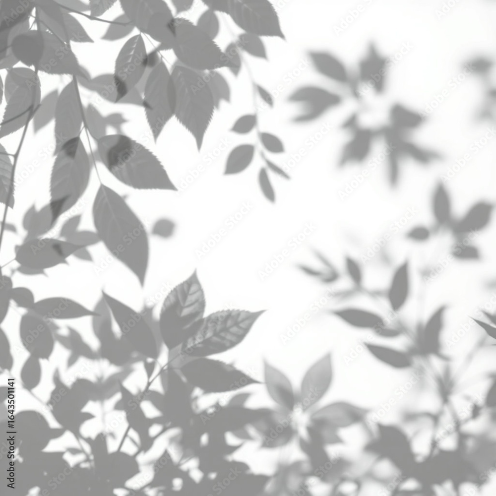 Fototapeta premium shadow overlay effect. Gray shadow of leaves isolated on white background. Plant foliage leaf shadow light effect. Mockup Blurred tree branch shadow. Ideal for summer spring design elements PNG