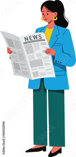 Woman reading newspaper standing in blue blazer and green pants casual news reader vector illustration