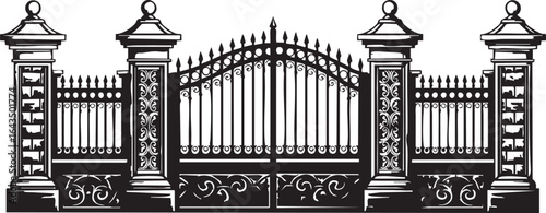 A majestic black and white illustration of an ornate wrought iron gate with large decorative pillars and a matching fence.