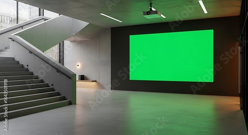 Modern business interior with a large green screen wall for a presentation or exhibition