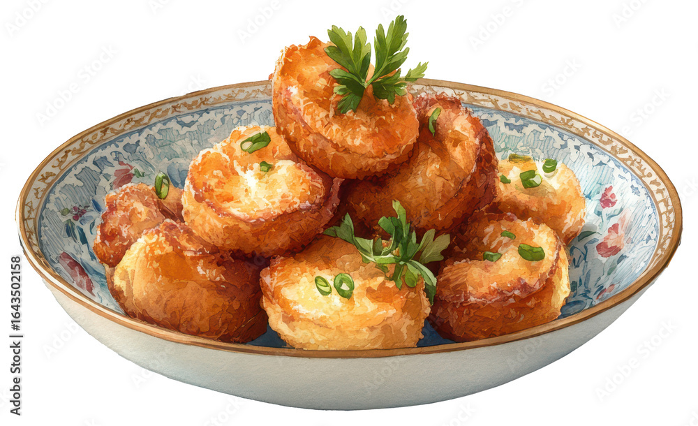 Deliciously golden brown tempura shrimp served in a bowl on a bright white background captured in watercolor style Deliciously golden brown tempura shrimp served in a bowl on a bright white background captured in watercolor style
