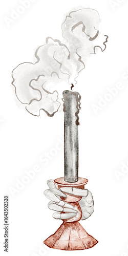 Canvas Print Watercolor illustration of a burning candle in a brass candlestick held by a skeletal hand