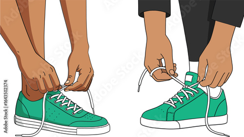 Hands tying shoelaces on green sneakers with white soles in casual footwear close-up vector illustration