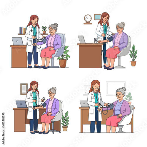 Set of Doctor and Elderly Patient Illustrations for Healthcare and Medical Concepts