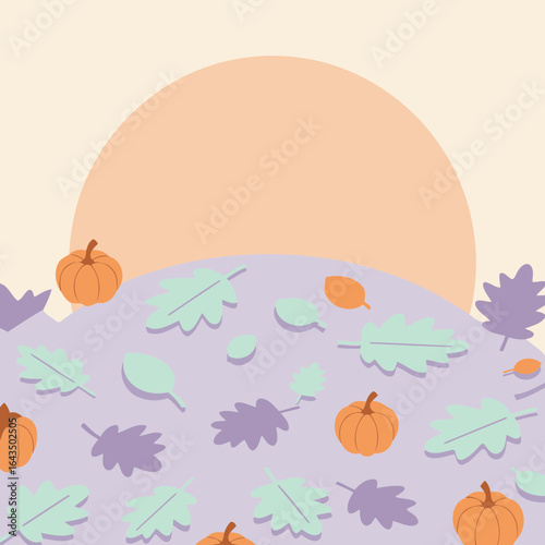 Autumnal scene with pumpkins and leaves on a muted purple surface with a pastel orange sun in the background. Flat lay display of fall foliage and pumpkins, showcasing a simple, graphic design style.