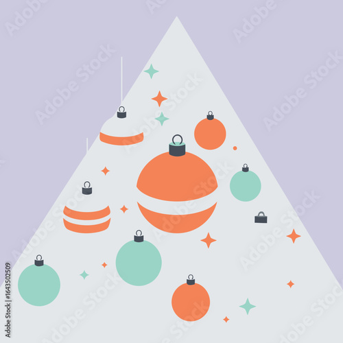 Christmas ornament design with pastel colors and geometric shapes. Hanging ornaments in various colors and shapes against a muted lavender background.