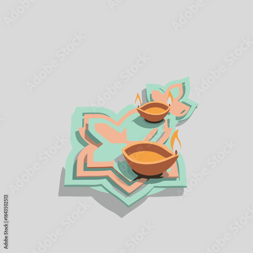 Diwali diyas with light and floral design in pastel colors. Two diyas with flickering flames set against a layered floral pattern, creating a soft, decorative background for a festive theme.