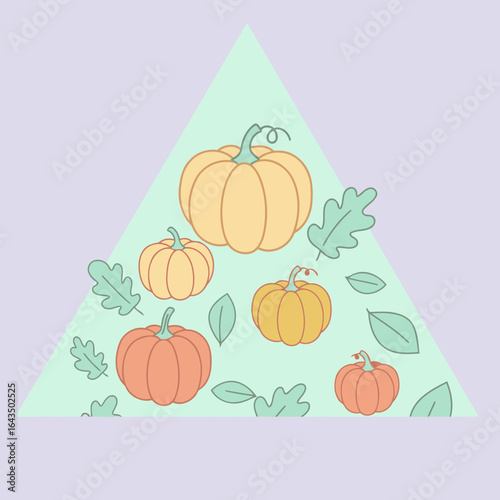 Pumpkin illustrations with fall leaves in a pastel color scheme. Decorative pattern of pumpkins and leaves on a mint green triangle background.