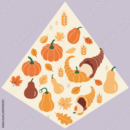 Autumn harvest themed graphic design with fall produce. Geometric arrangement of pumpkins, gourds, cornucopias, leaves and wheat on a light cream background.