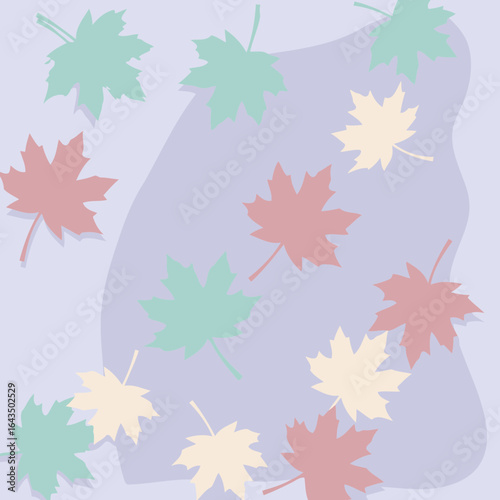 Pastel maple leaves scattered on a muted lavender background. Abstract fall design with various autumnal colors. Design for social media post or website background -