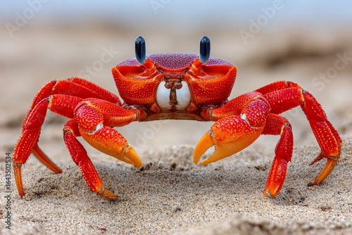 Red sally lightfoot crab walking on sand beach in galapagos islands