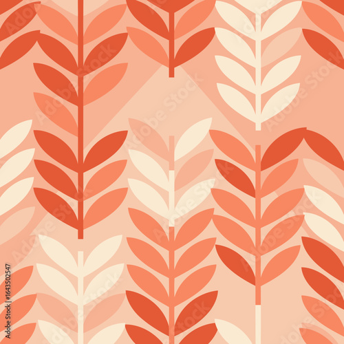 Geometric leaf pattern in coral and cream tones. Abstract design with repeating leaf shapes against a muted peach background.