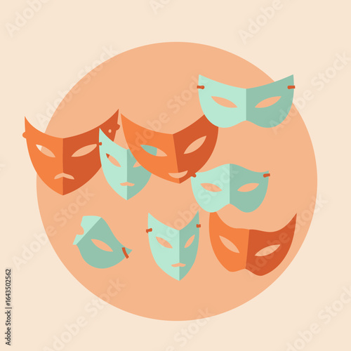 Carnival masks in orange and mint green colors displayed against a peach background. Colorful masquerade masks, arranged in an artistic composition, suggest a celebration or festive event.